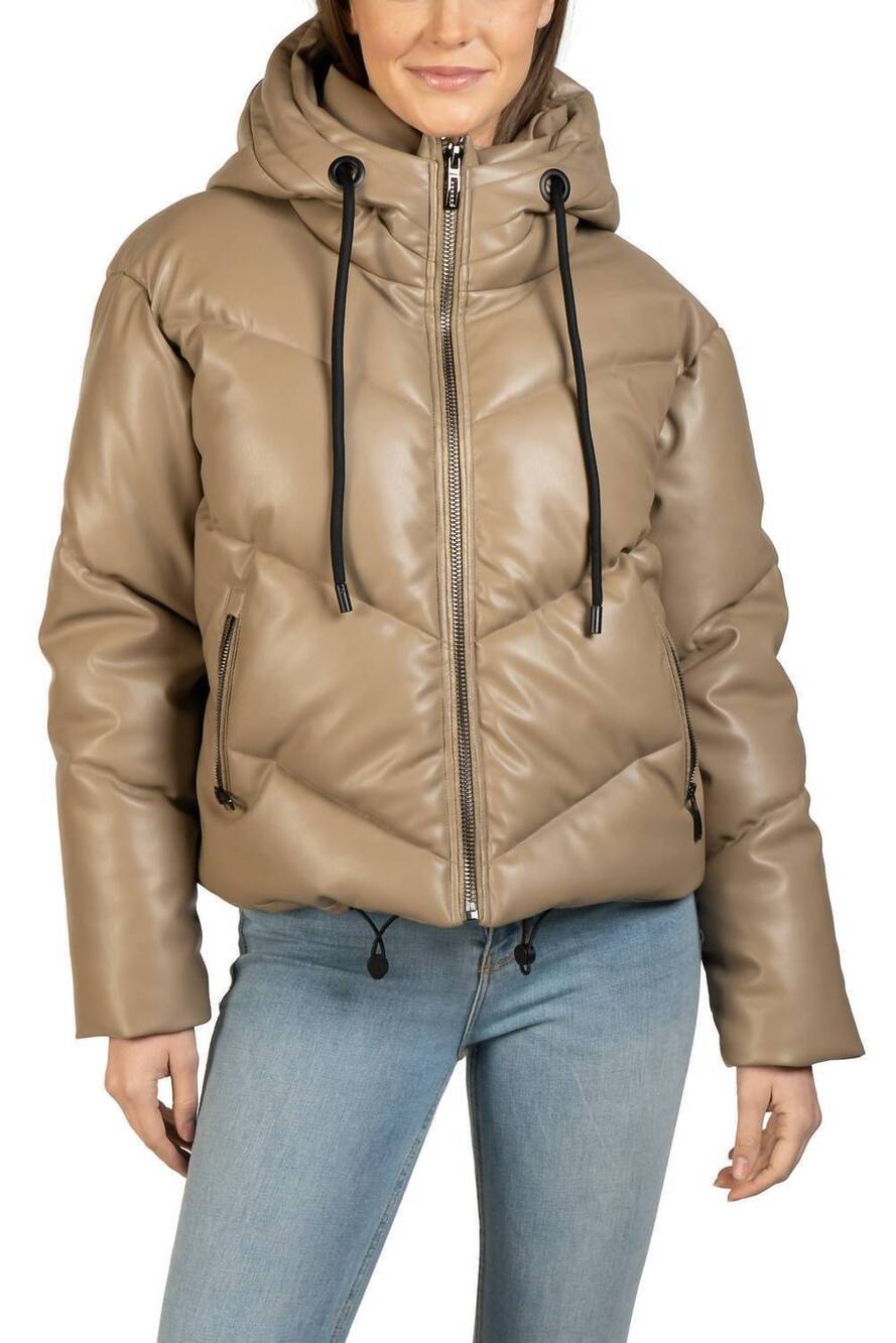 NEW LOVE TOKEN long sleeve hooded puffer jacket in taupe